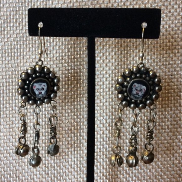 Ferret Earrings Handpainted Danglers Silvertone Metal Long Polecat Pet Artisan - Picture 11 of 12